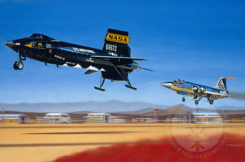 “First Re-Entry” painting by artist Mike Machat of the X-15 with F-104 chase. © Mike Machat