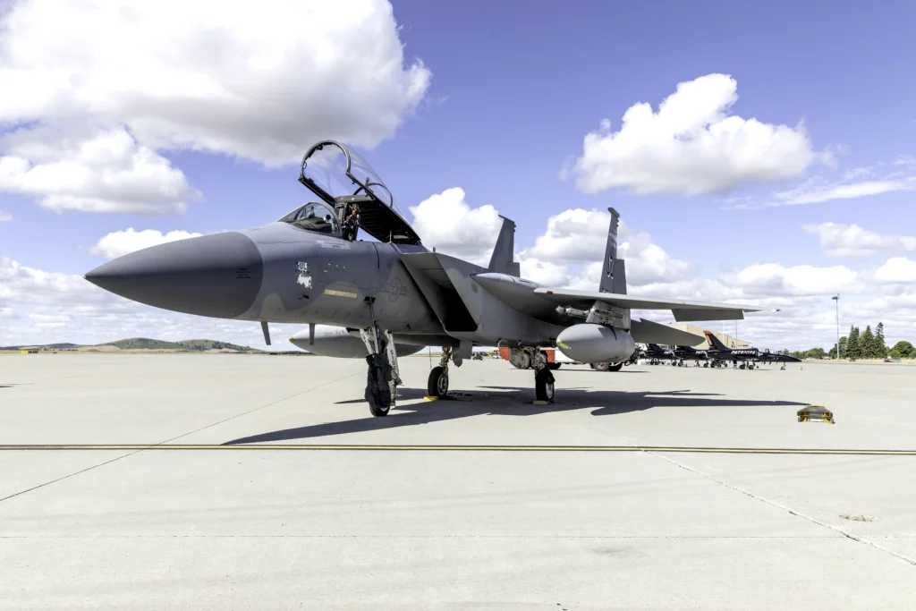 A U.S. Air Force F-15C Eagle sits ready on the hot pit ramp during the Fairchild AFB SkyFest airshow, awaiting its next flight demonstration.
